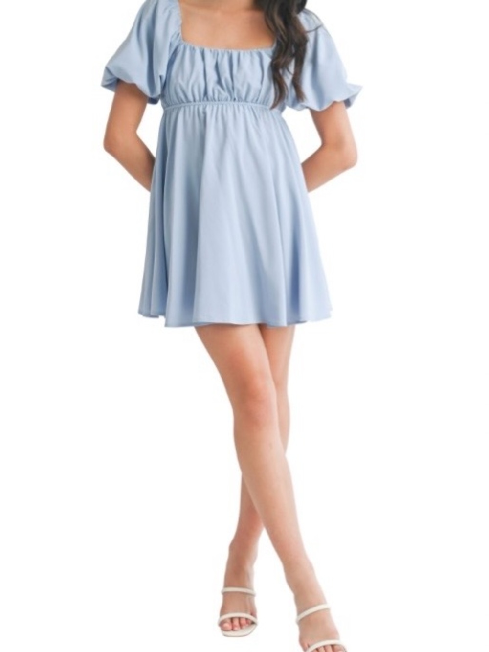 All in Favor Light Blue Puff Sleeve Babydoll Mini Dress